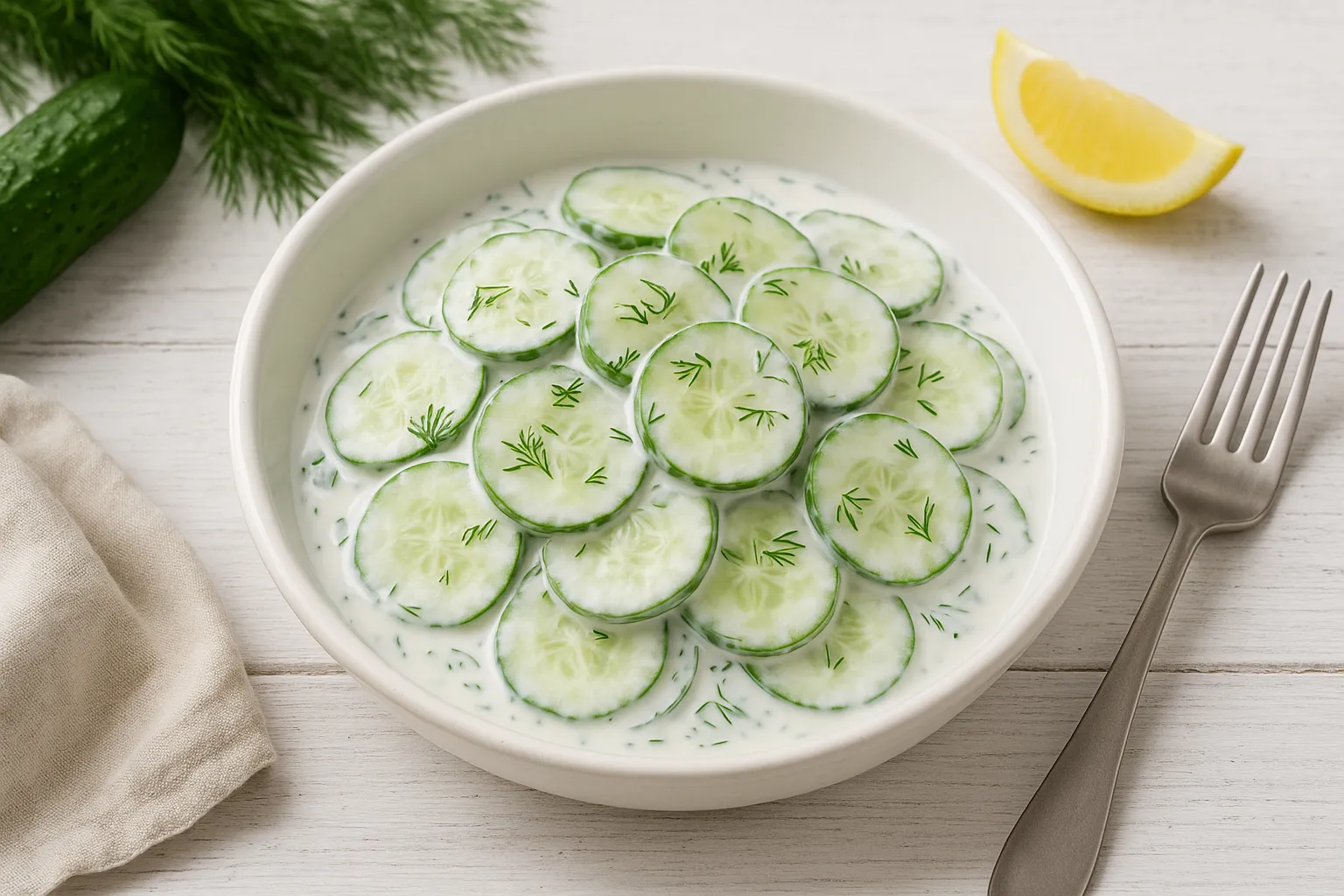 Schüssel mit Gurkensalat nach ukrainischer Art, zubereitet mit Dill und saurer Sahne, serviert auf weißem Holzhintergrund