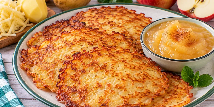 Goldbraune Hefeplinsen aus rohen Kartoffeln mit Apfelmus.