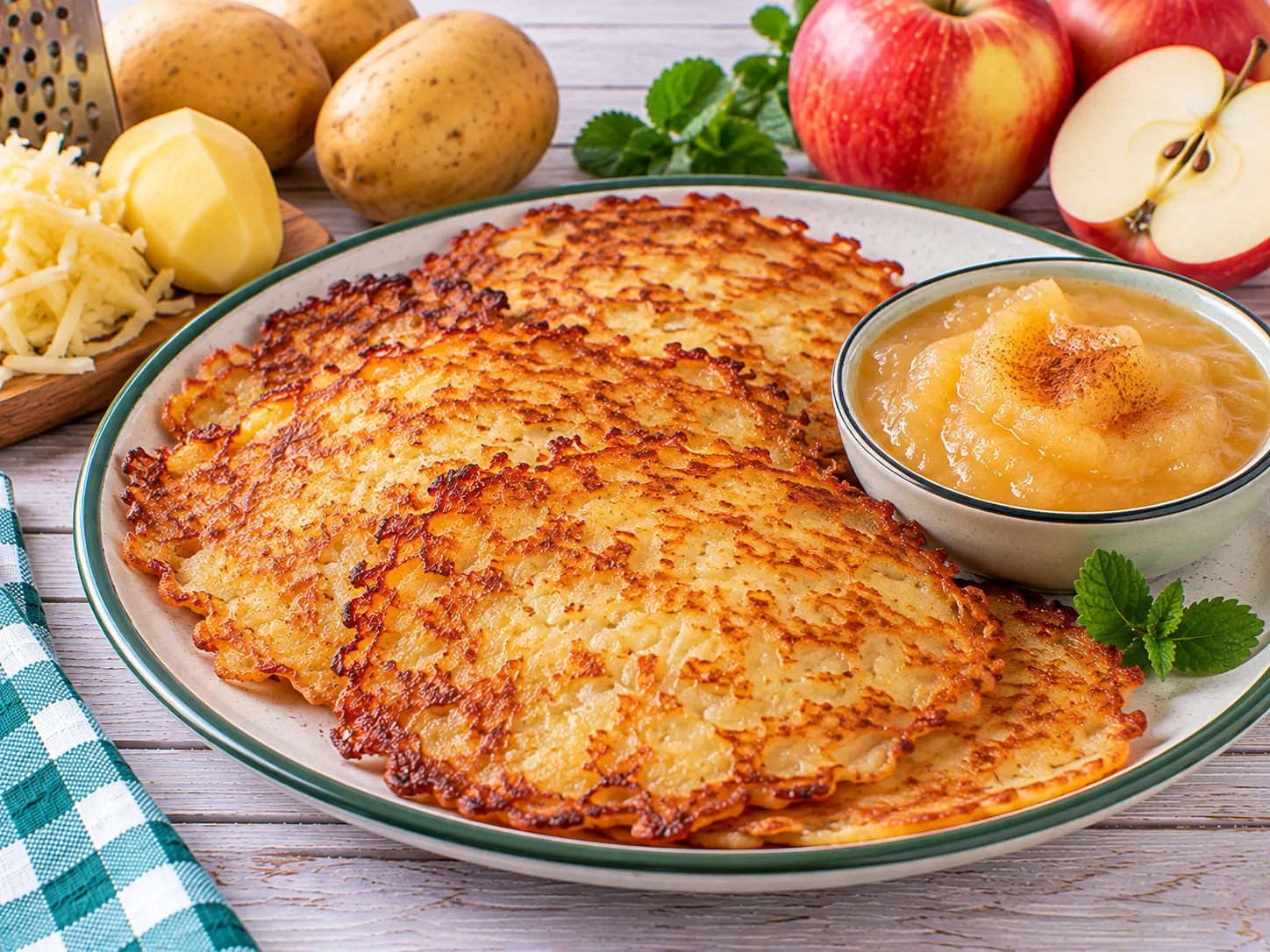 Goldbraune Hefeplinsen aus rohen Kartoffeln mit Apfelmus.