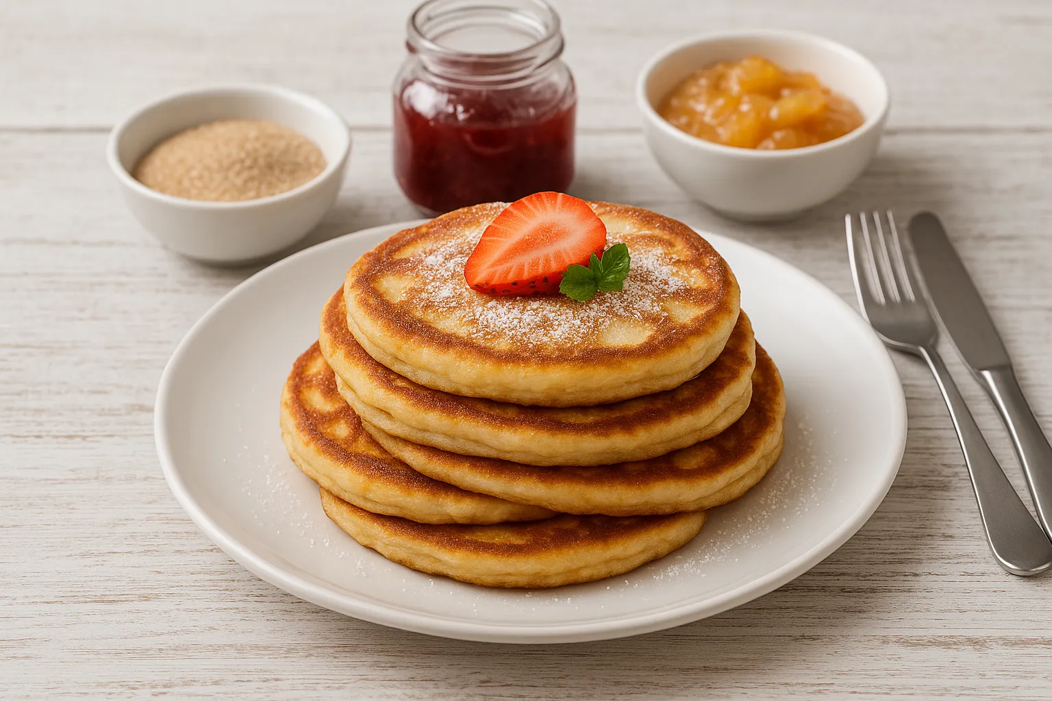 Goldbraune Hefeplinsen auf weißem Teller, serviert mit Zimtzucker, Marmelade und Kompott auf weißem Holzhintergrund.