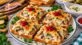 Überbackene Räucherfischtoasts mit Käse und Gurken.