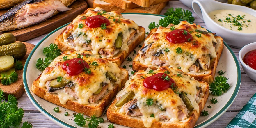 Überbackene Räucherfischtoasts mit Käse und Gurken.