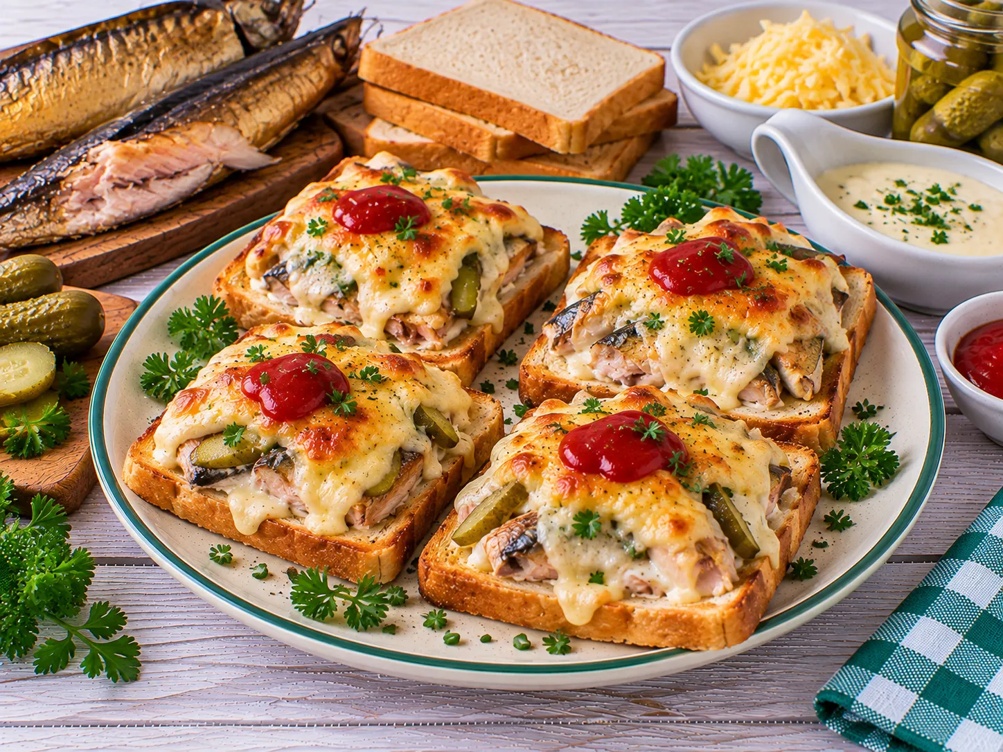 Überbackene Räucherfischtoasts mit Käse und Gurken.
