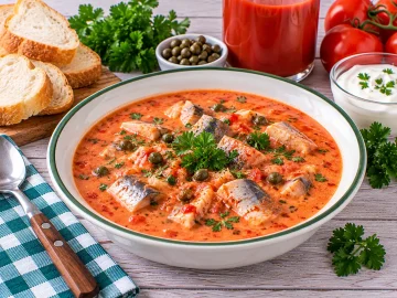 Cremige rote Fischsuppe mit Heringsstücken, Kapern und Petersilie.