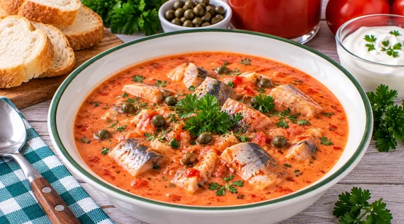 Cremige rote Fischsuppe mit Heringsstücken, Kapern und Petersilie.