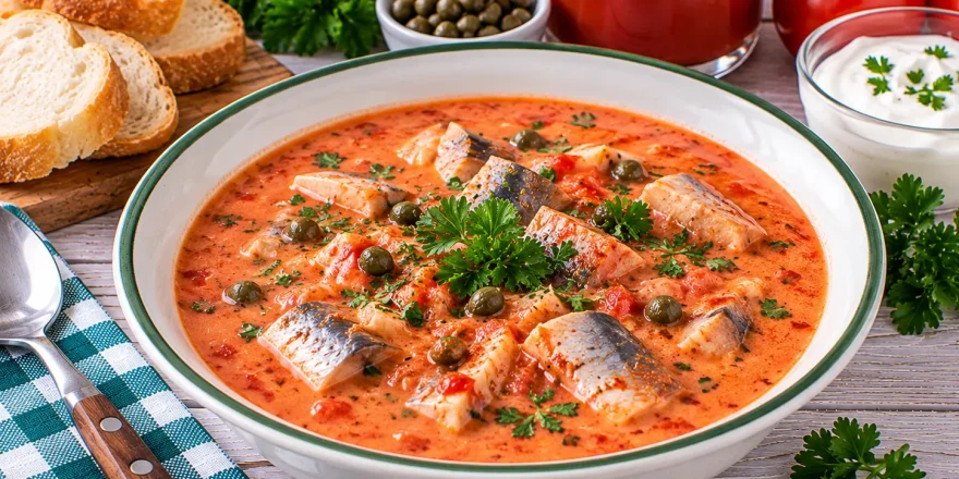 Cremige rote Fischsuppe mit Heringsstücken, Kapern und Petersilie.