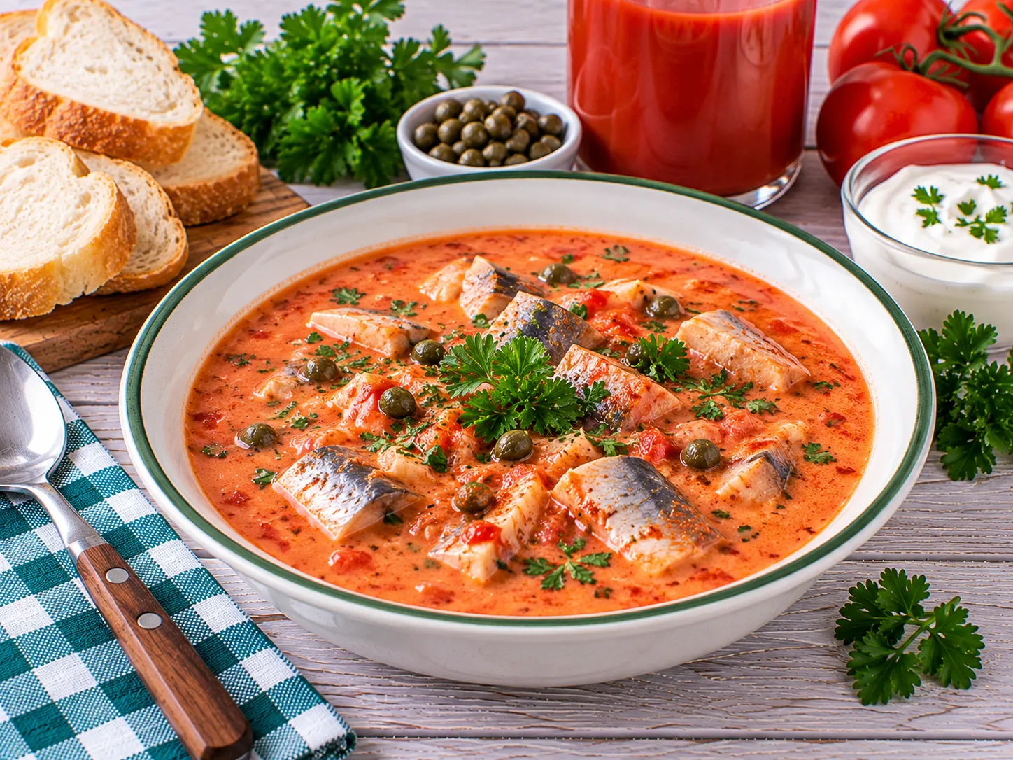Cremige rote Fischsuppe mit Heringsstücken, Kapern und Petersilie.