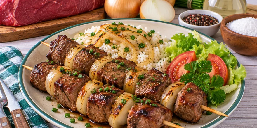 Saftige Lendenschaschlyk-Spieße mit Zwiebeln und Schnittlauch.