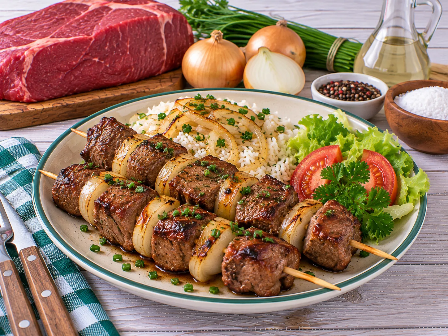 Saftige Lendenschaschlyk-Spieße mit Zwiebeln und Schnittlauch.