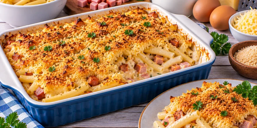 Goldbrauner Makkaroniauflauf mit Wurst und Käse.
