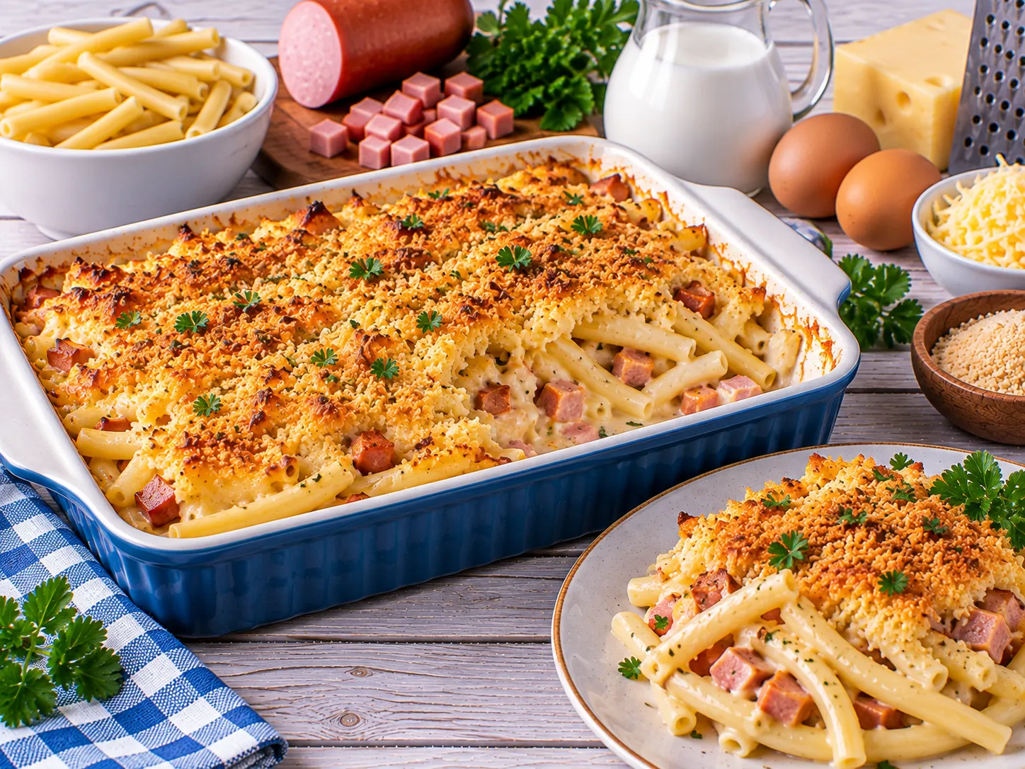 Goldbrauner Makkaroniauflauf mit Wurst und Käse.