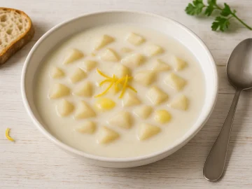 Milchsuppe mit Birnenstücken, cremiger Milchbasis und Butter, serviert in weißem Suppenteller auf Holzhintergrund