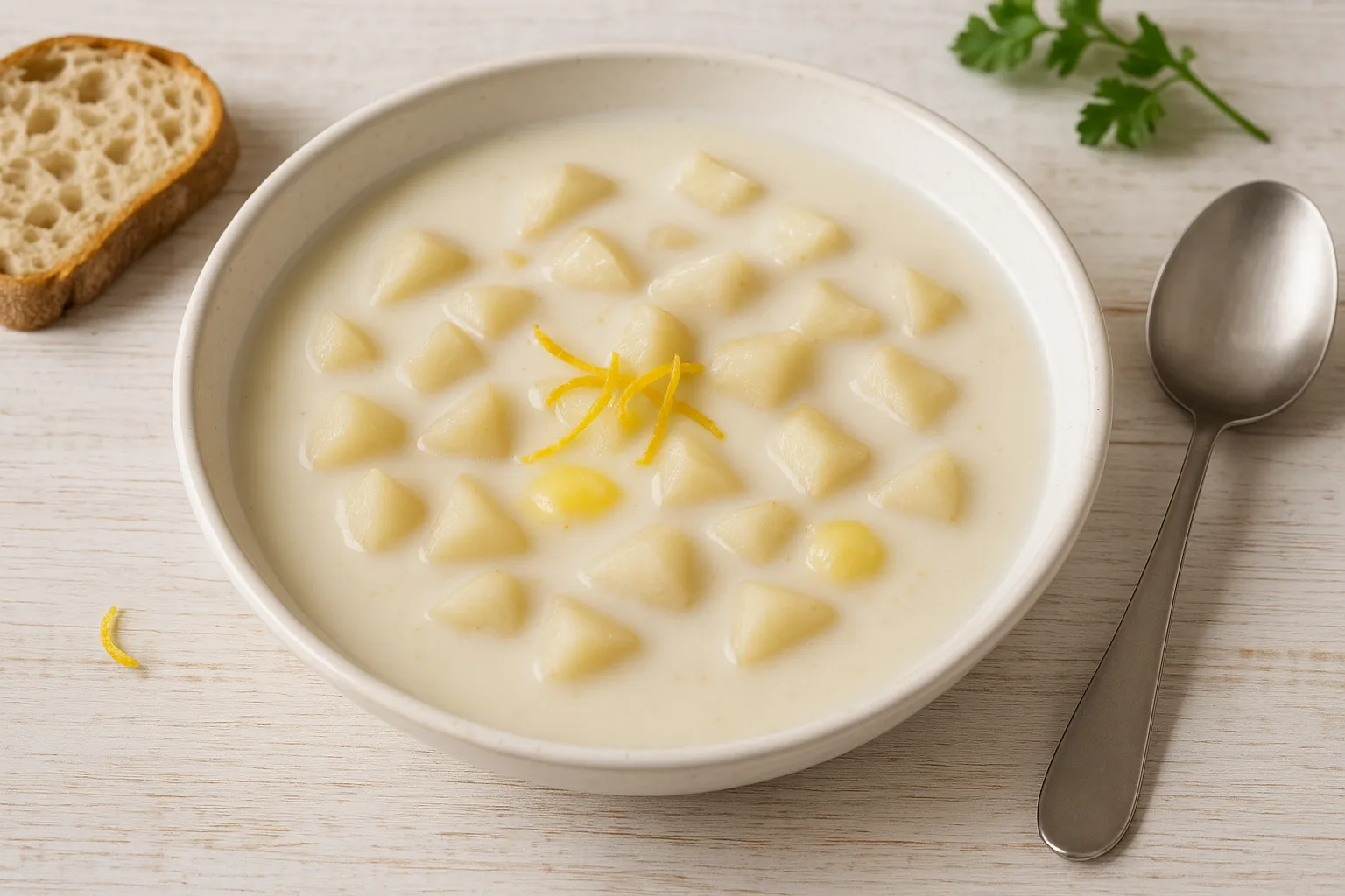 Milchsuppe mit Birnenstücken, cremiger Milchbasis und Butter, serviert in weißem Suppenteller auf Holzhintergrund