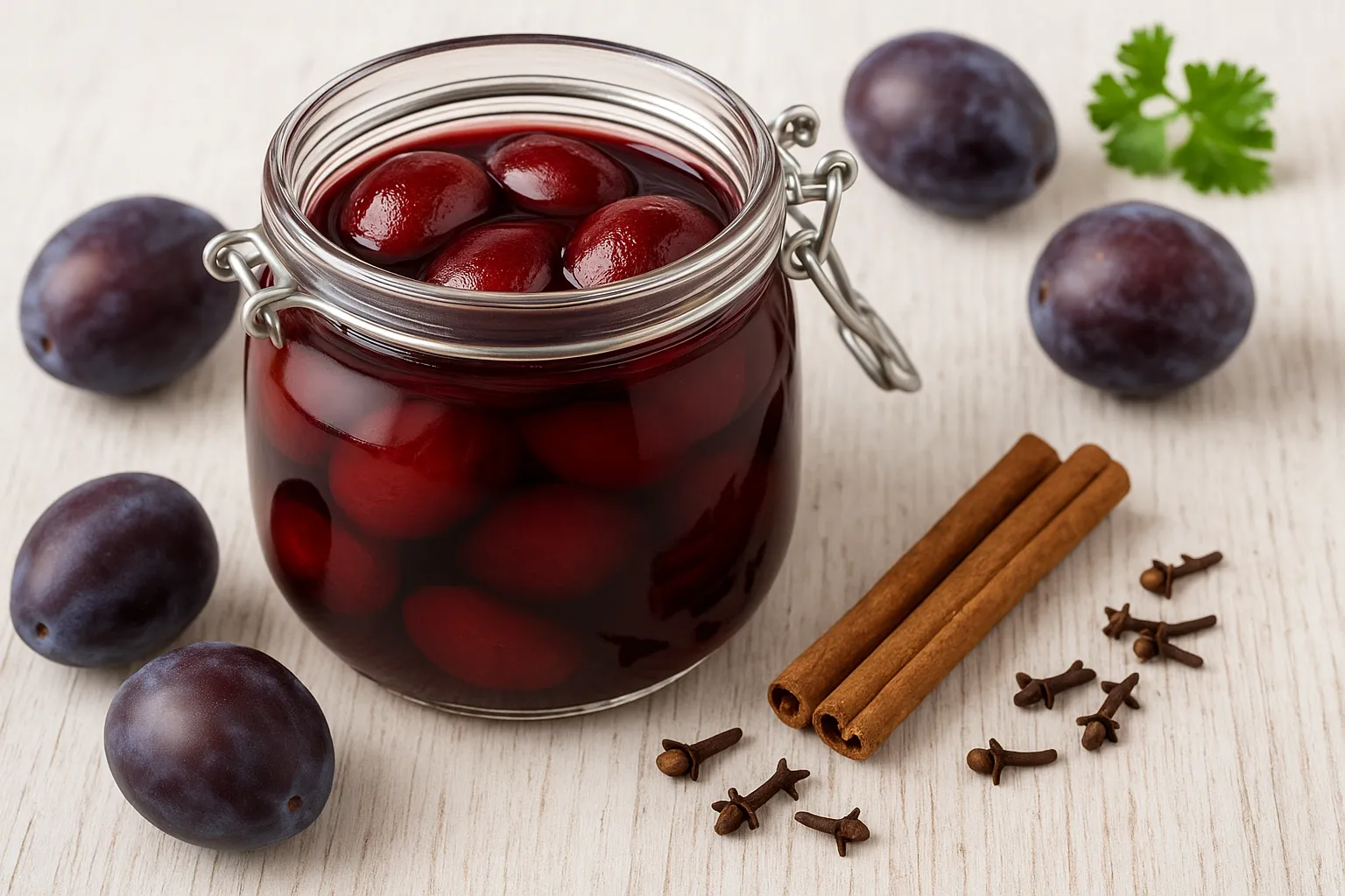 Pflaumen in Essig im Einmachglas, mit frischen Pflaumen, Zimtstange und Nelken auf weißem Holzhintergrund, hell dekoriert.