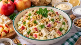 Apfel-Sellerie-Salat mit Nüssen und cremigem Dressing.