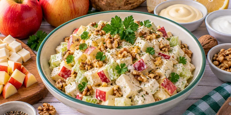 Apfel-Sellerie-Salat mit Nüssen und cremigem Dressing.