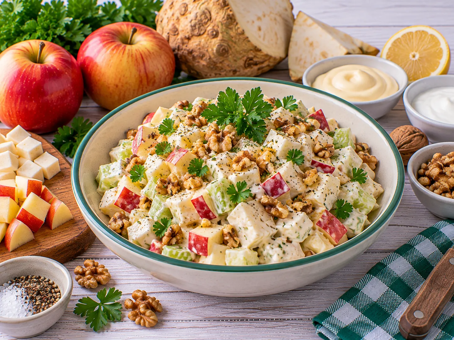 Apfel-Sellerie-Salat mit Nüssen und cremigem Dressing.