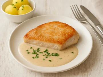 Putenbraten auf weißem Teller mit cremiger Sahnesoße, dazu Petersilie und Beilagen auf hellem Holzhintergrund.