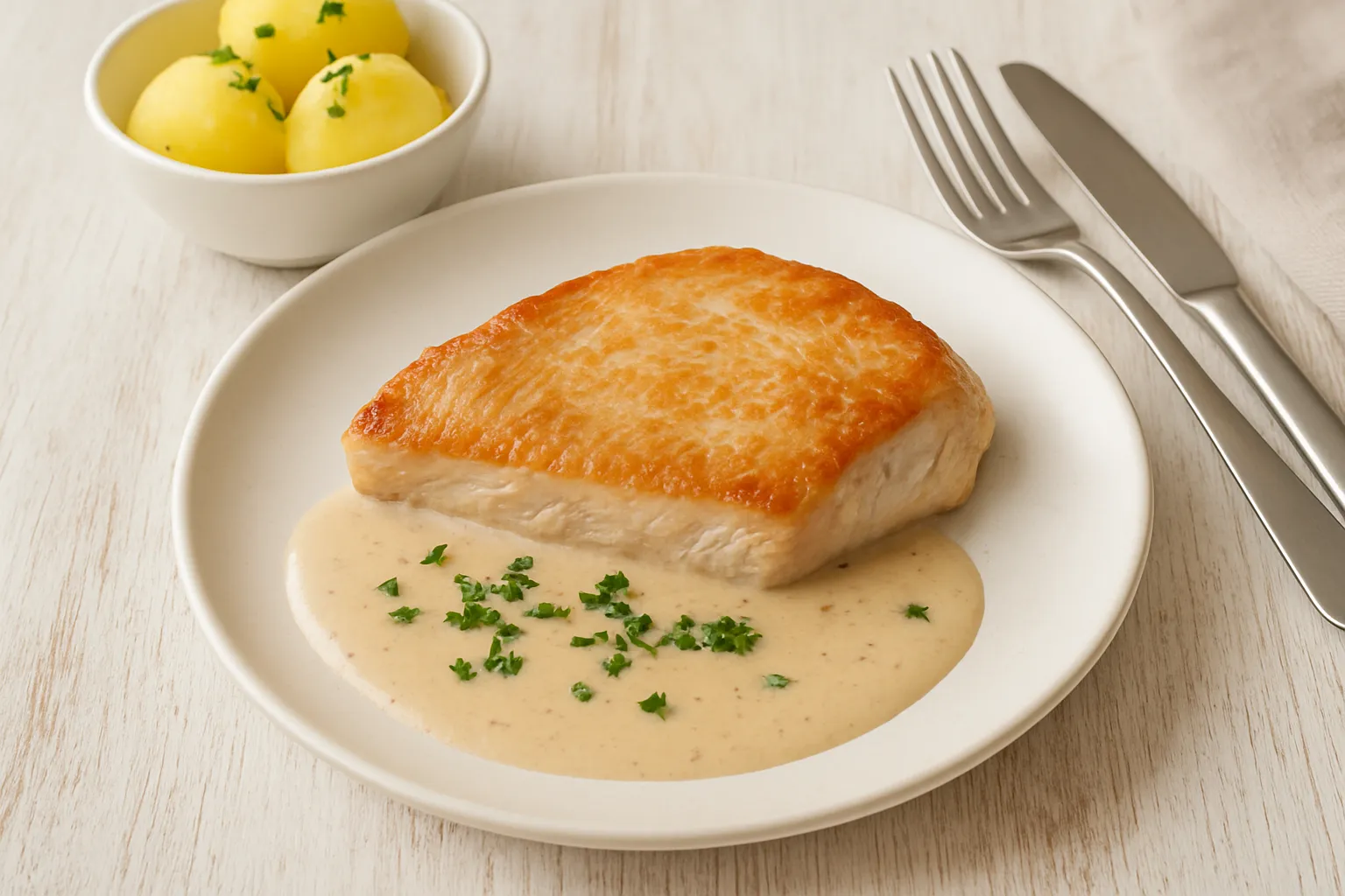 Putenbraten auf weißem Teller mit cremiger Sahnesoße, dazu Petersilie und Beilagen auf hellem Holzhintergrund.