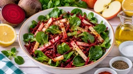 Rote-Bete-Feldsalat mit geraspeltem Apfel und Zitronendressing.