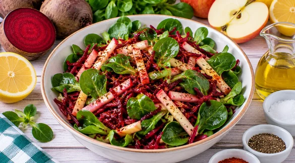 Rote-Bete-Feldsalat mit geraspeltem Apfel und Zitronendressing.