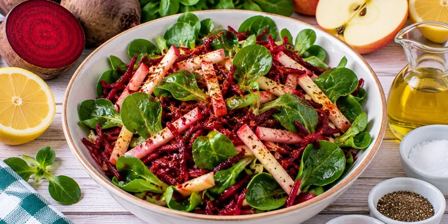 Rote-Bete-Feldsalat mit geraspeltem Apfel und Zitronendressing.