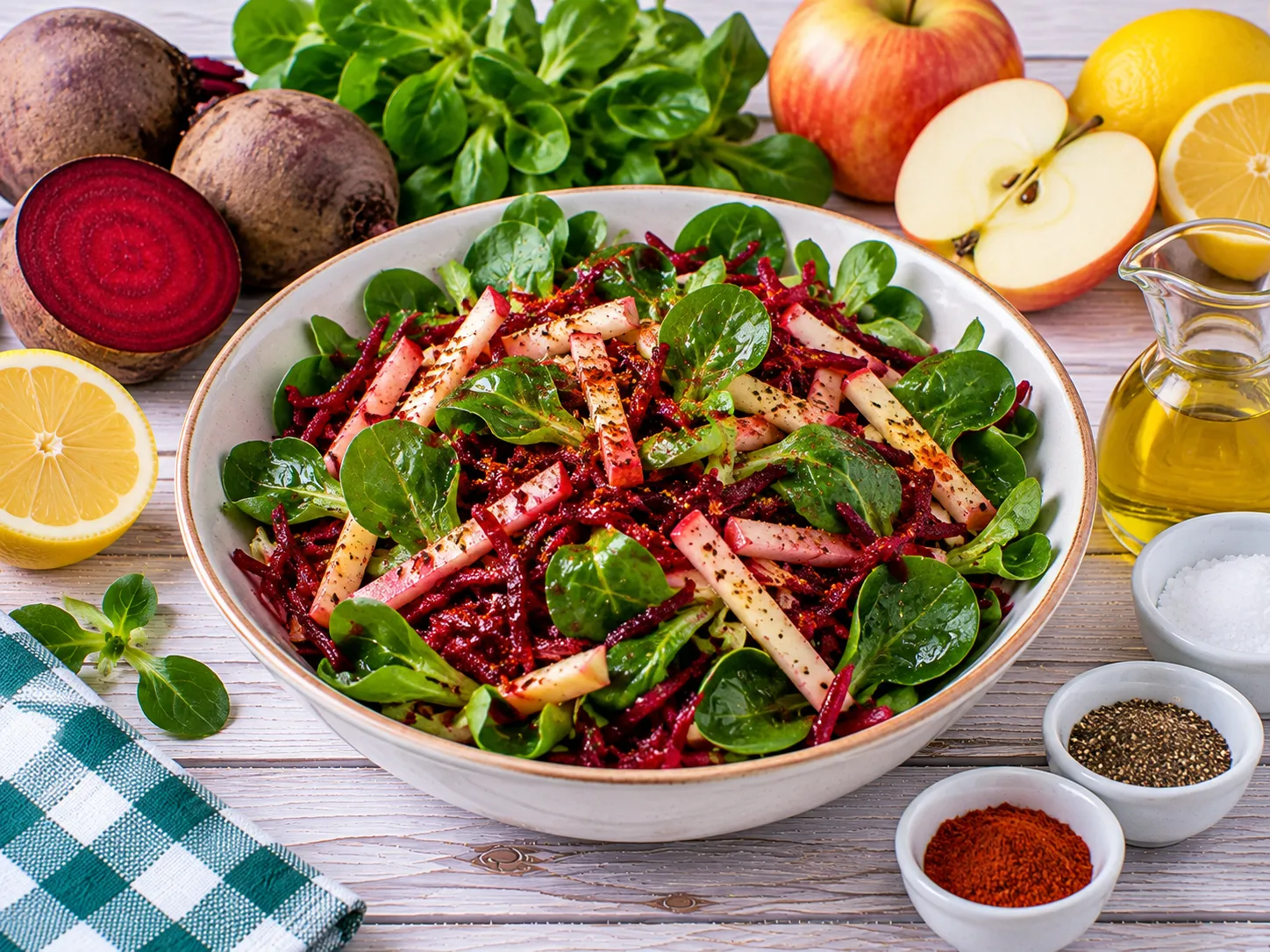 Rote-Bete-Feldsalat mit geraspeltem Apfel und Zitronendressing.