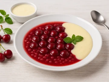 Fruchtige Sauerkirschkaltschale mit Sago und Vanillesoße im weißen DDR-Dessertteller, dekoriert mit frischen Kirschen und Minze