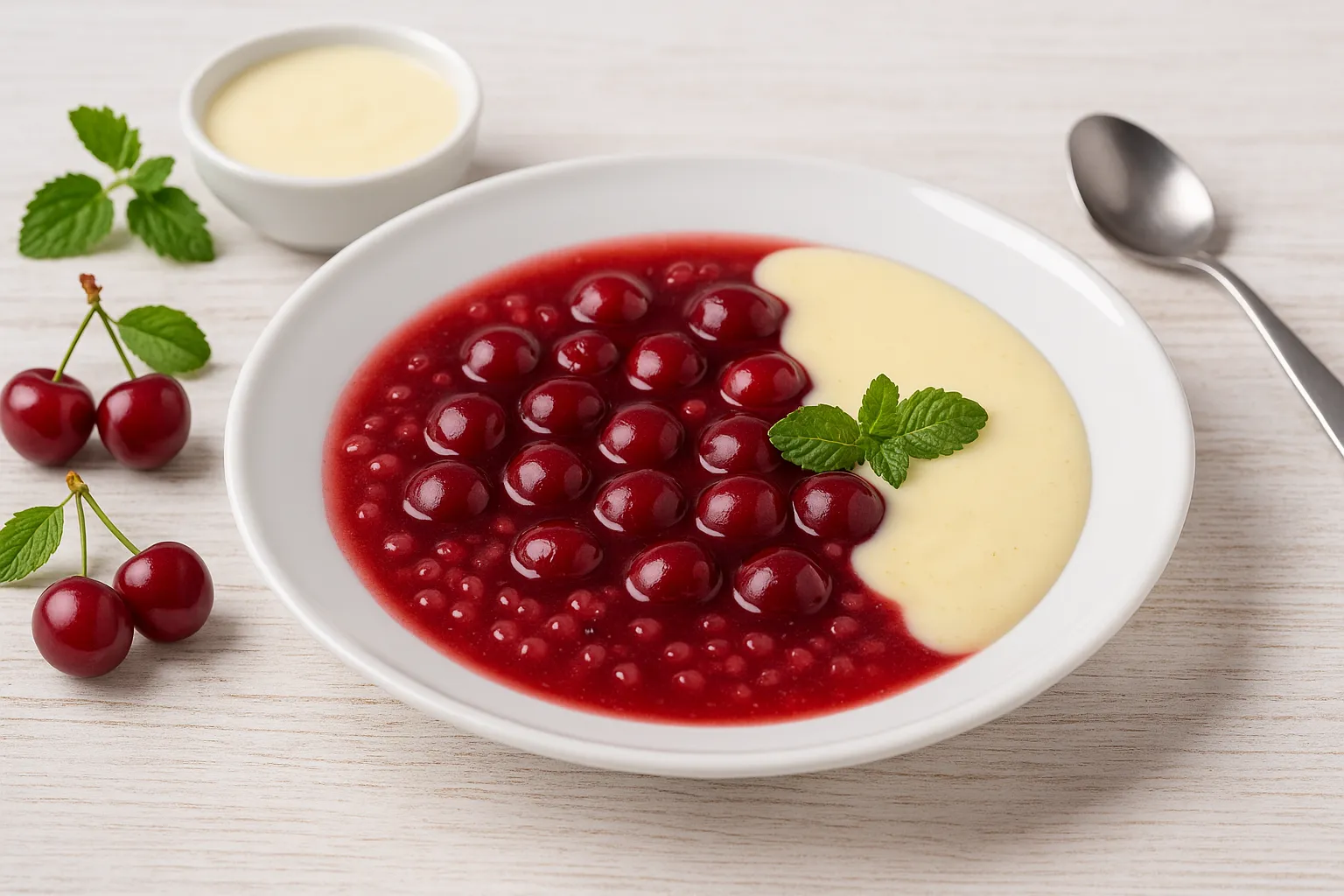 Fruchtige Sauerkirschkaltschale mit Sago und Vanillesoße im weißen DDR-Dessertteller, dekoriert mit frischen Kirschen und Minze