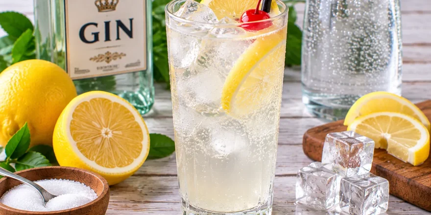 Tom Collins mit Gin, Zitronensaft, Eiswürfeln und Selterswasser.