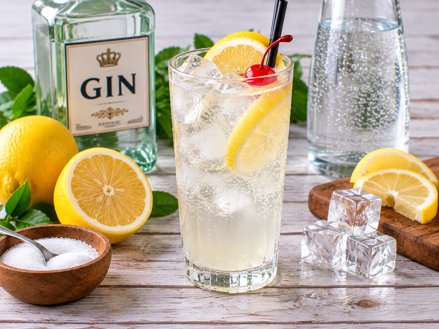 Tom Collins mit Gin, Zitronensaft, Eiswürfeln und Selterswasser.