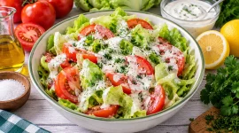 Frischer Tomaten-Kopfsalat mit cremigem Kräuter-Quark-Dressing.