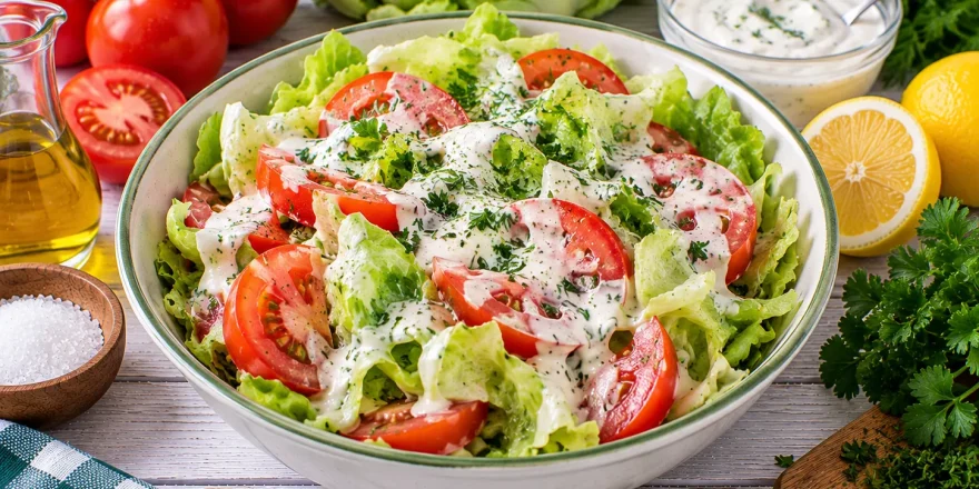 Frischer Tomaten-Kopfsalat mit cremigem Kräuter-Quark-Dressing.