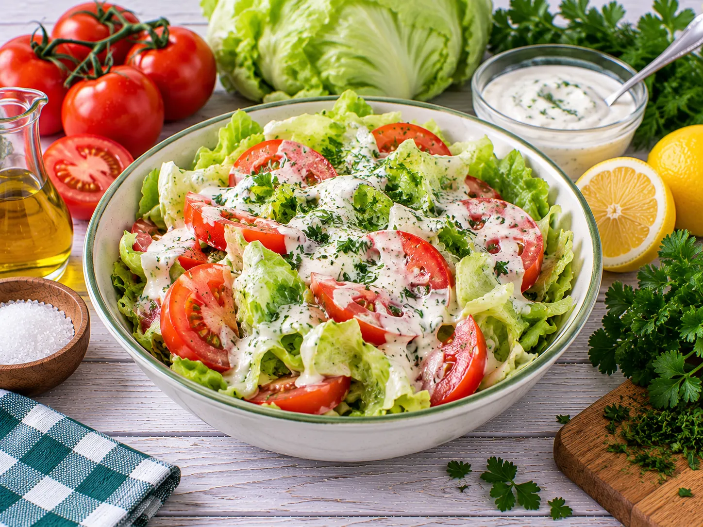 Frischer Tomaten-Kopfsalat mit cremigem Kräuter-Quark-Dressing.