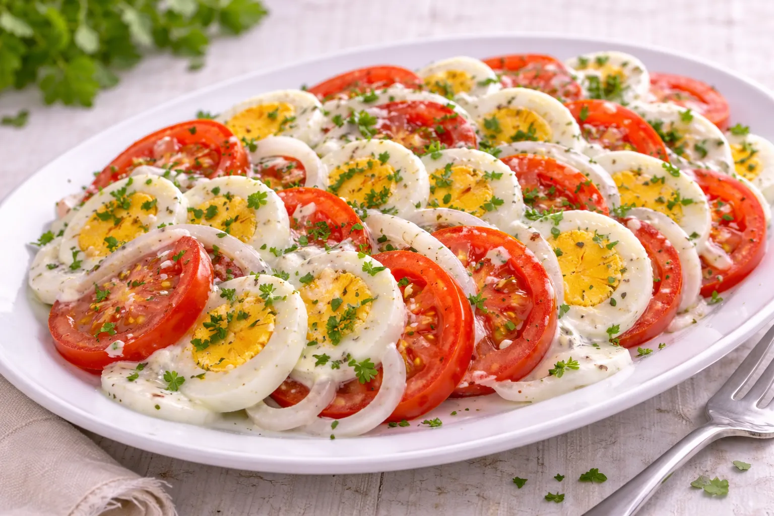 Tomaten- und Eierscheiben mit Zwiebeln, Sahne und Kräutern auf hellem Holzhintergrund