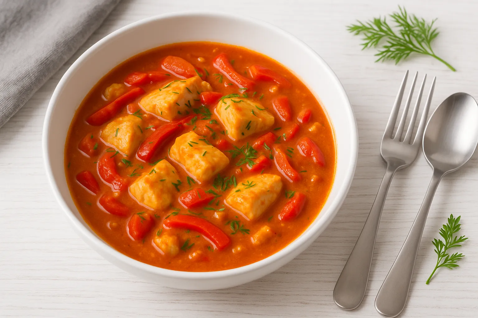 Ungarisches Fischgulasch in weißer Schale auf weißem Holztisch, serviert mit Fischstücken, Paprikasoße, Tomaten, Dill und modernem Besteck.