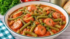 Bockwurstschüssel mit grünen Bohnen und kräftiger Tomatensoße.