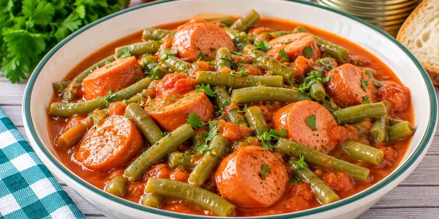 Bockwurstschüssel mit grünen Bohnen und kräftiger Tomatensoße.