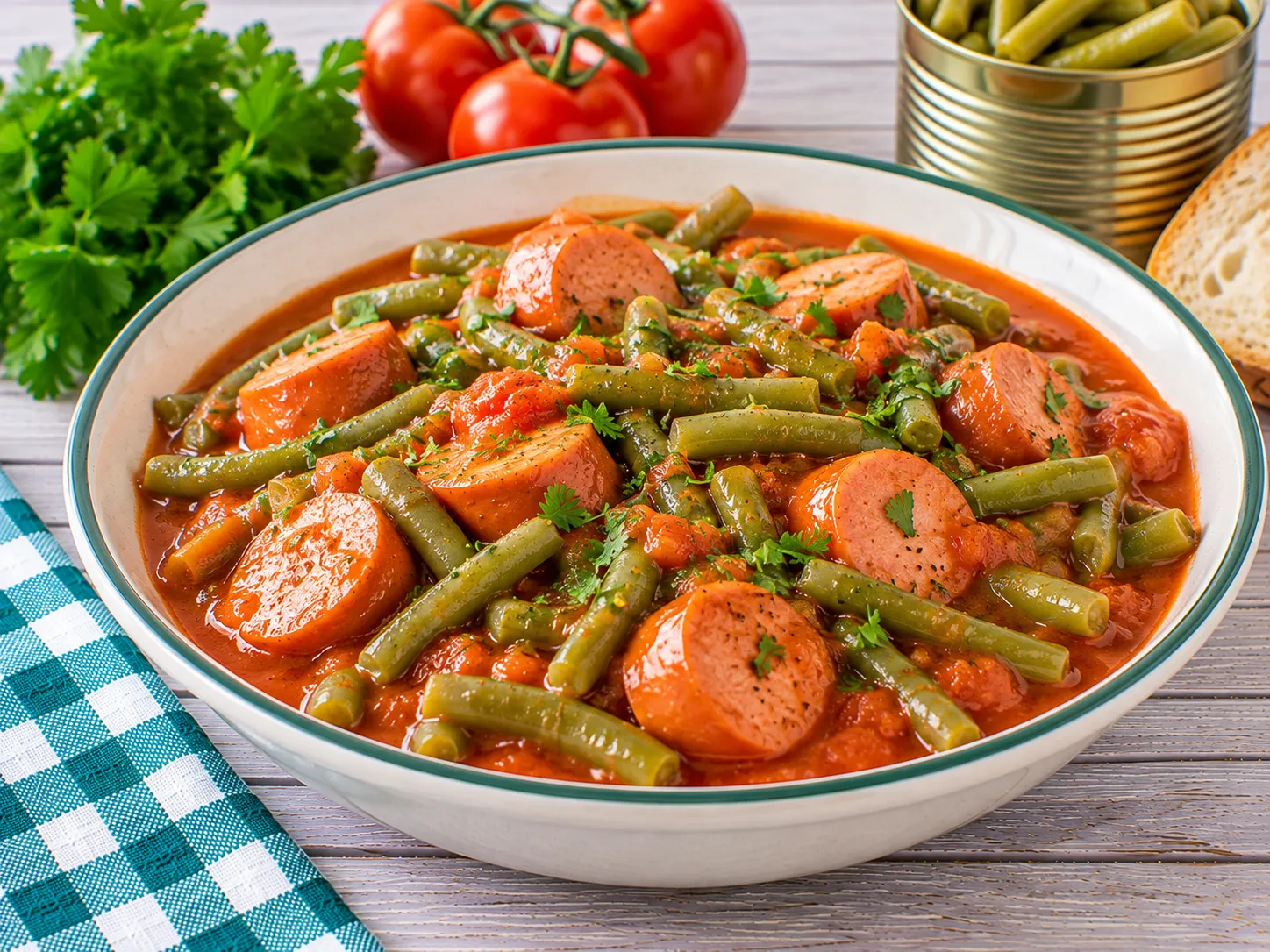 Bockwurstschüssel mit grünen Bohnen und kräftiger Tomatensoße.