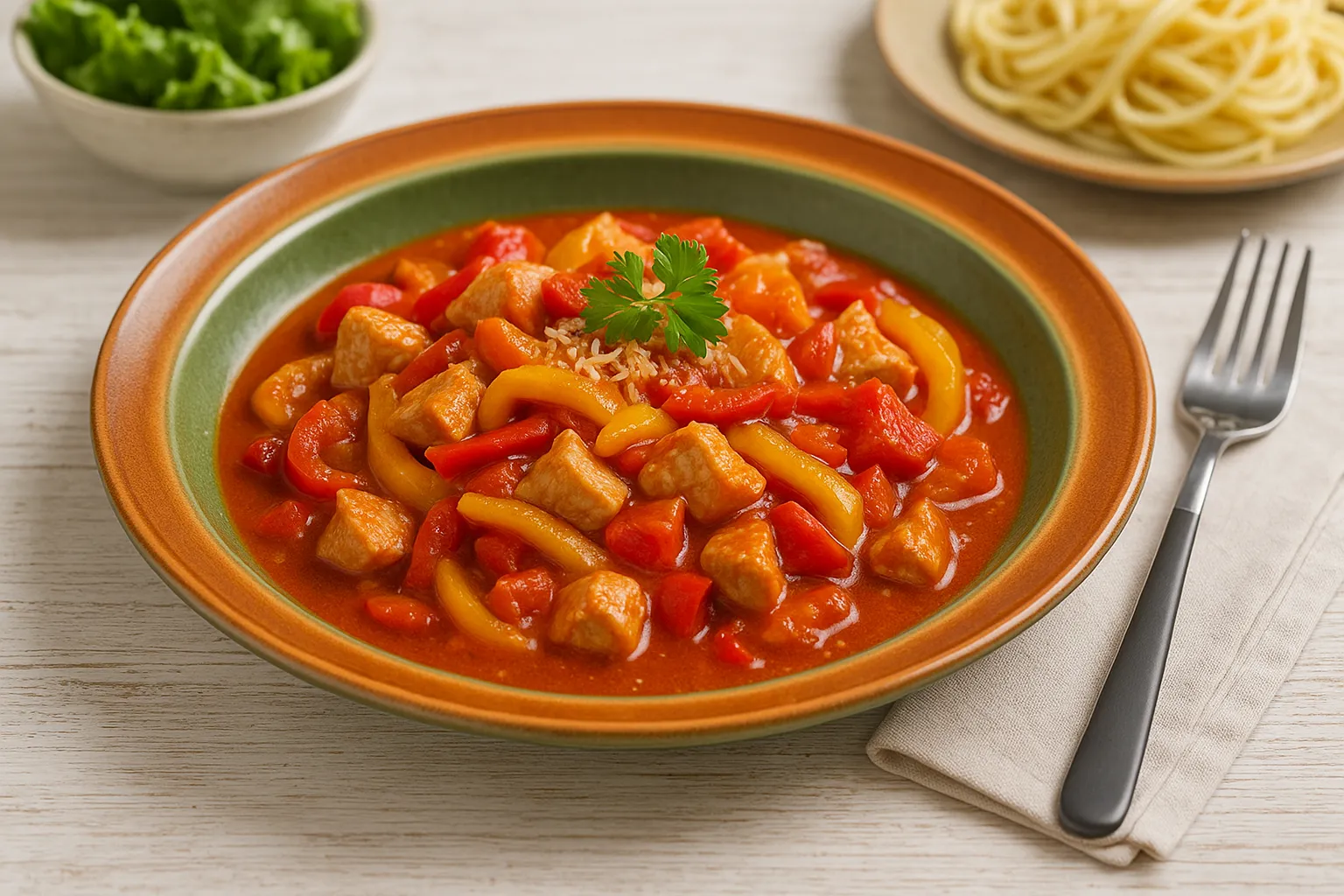  Budapester Putenragout mit zarten Putenwürfeln, Paprikastreifen und Tomaten in würziger Sauce auf grünem DDR-Teller, dekoriert mit frischen Kräutern, helles modernes Ambiente.