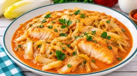 Fischfilet mit Chicorée in cremiger roter Paprikatunke.