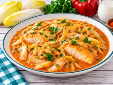 Fischfilet mit Chicorée in cremiger roter Paprikatunke.