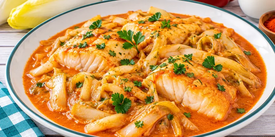 Fischfilet mit Chicorée in cremiger roter Paprikatunke.