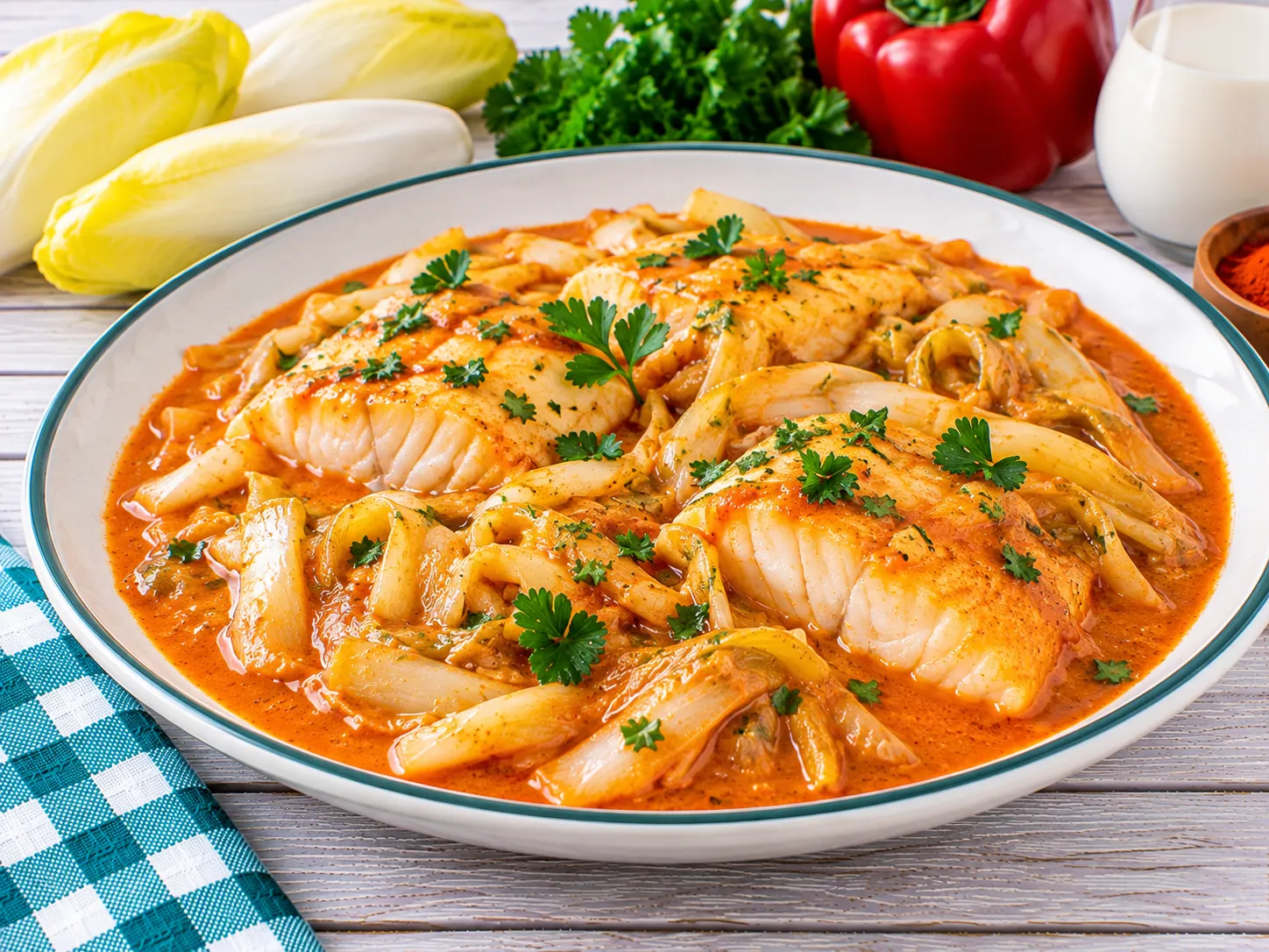 Fischfilet mit Chicorée in cremiger roter Paprikatunke.