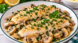 Gedünstetes Fischfilet auf Champignons mit frischer Petersilie.