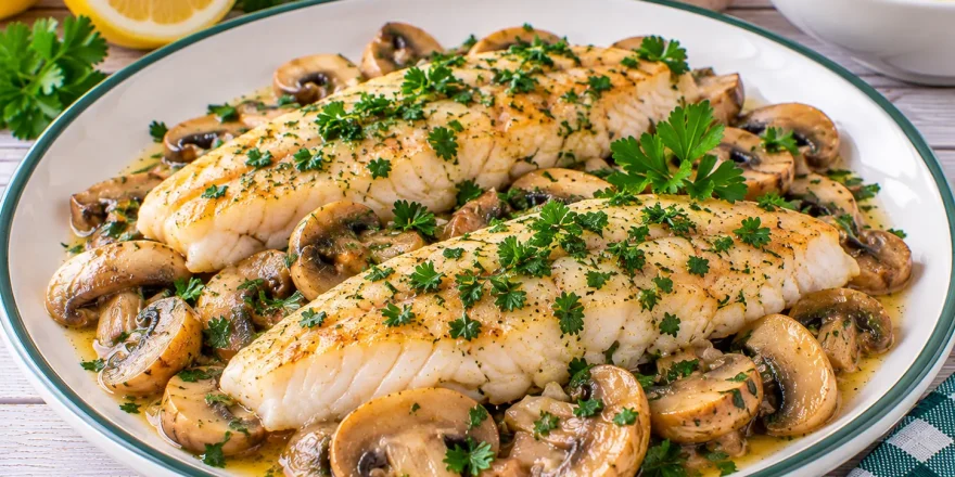 Gedünstetes Fischfilet auf Champignons mit frischer Petersilie.