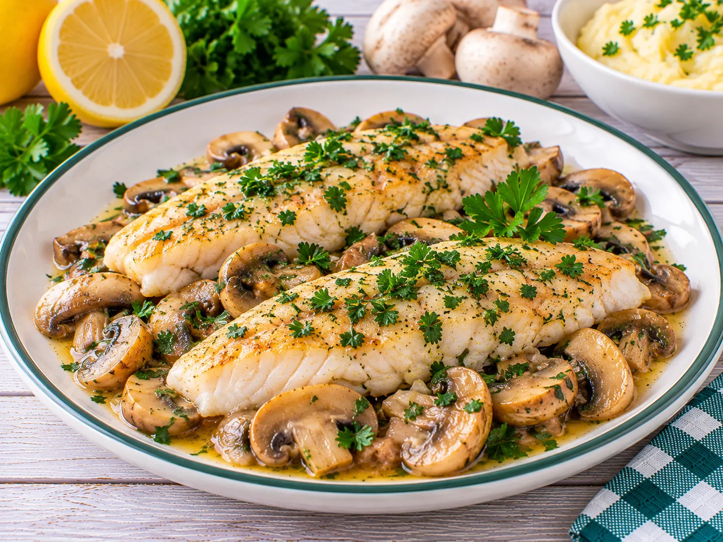 Gedünstetes Fischfilet auf Champignons mit frischer Petersilie.