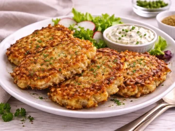Knusprige Fischpuffer aus geriebenen Kartoffeln und Räucherfisch auf weißem Teller mit Beilage auf hellem Holztisch.
