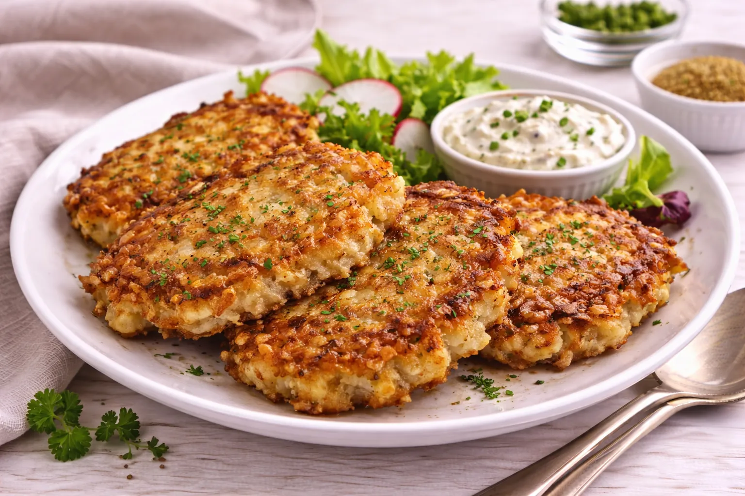 Knusprige Fischpuffer aus geriebenen Kartoffeln und Räucherfisch auf weißem Teller mit Beilage auf hellem Holztisch.