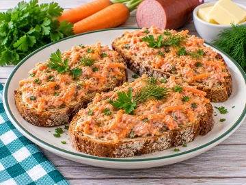 Frühlingsbrote mit Mettwurst-Möhren-Aufstrich und frischen Kräutern.